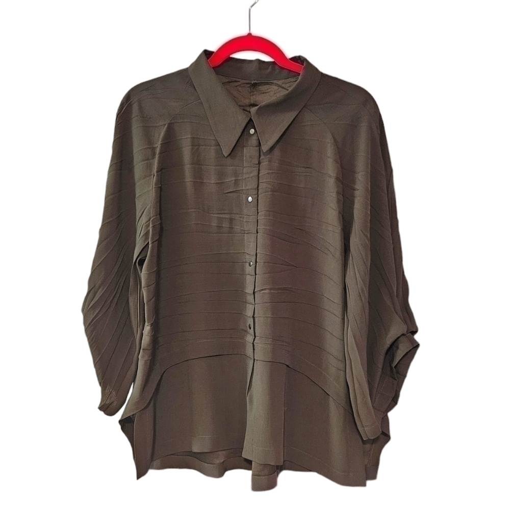 Babette Army Green Button Down Blouse Large